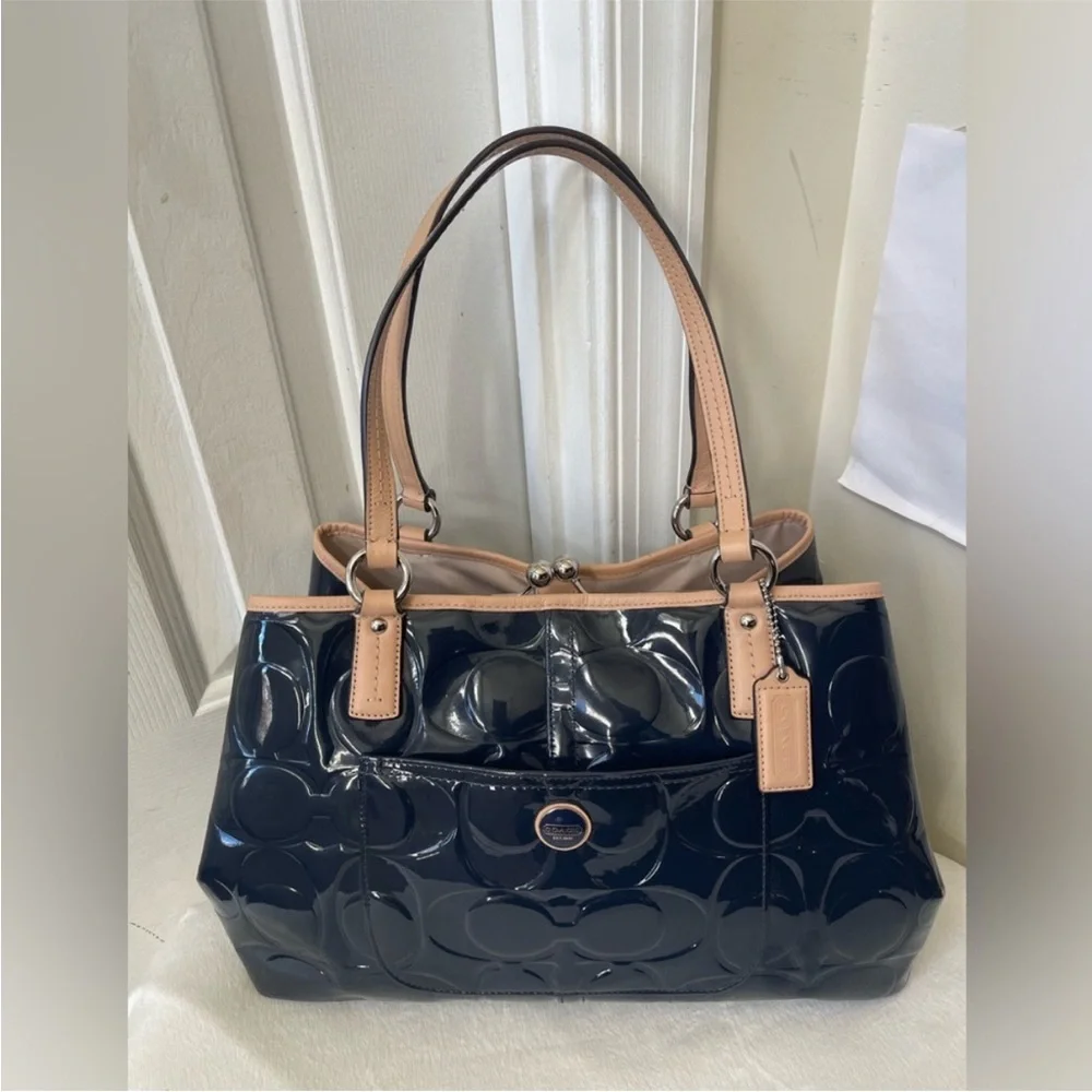 Coach Peyton Signature Embossed Blue Patent Leather Tote